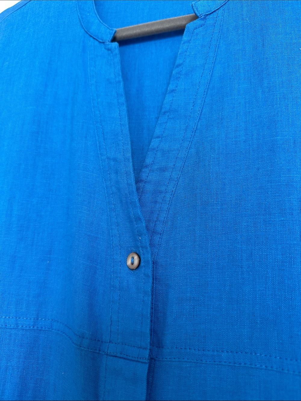 FOIL Classic Short-Sleeve Button Front Blue Linen Dress with Pockets (6) - Picture 3 of 13